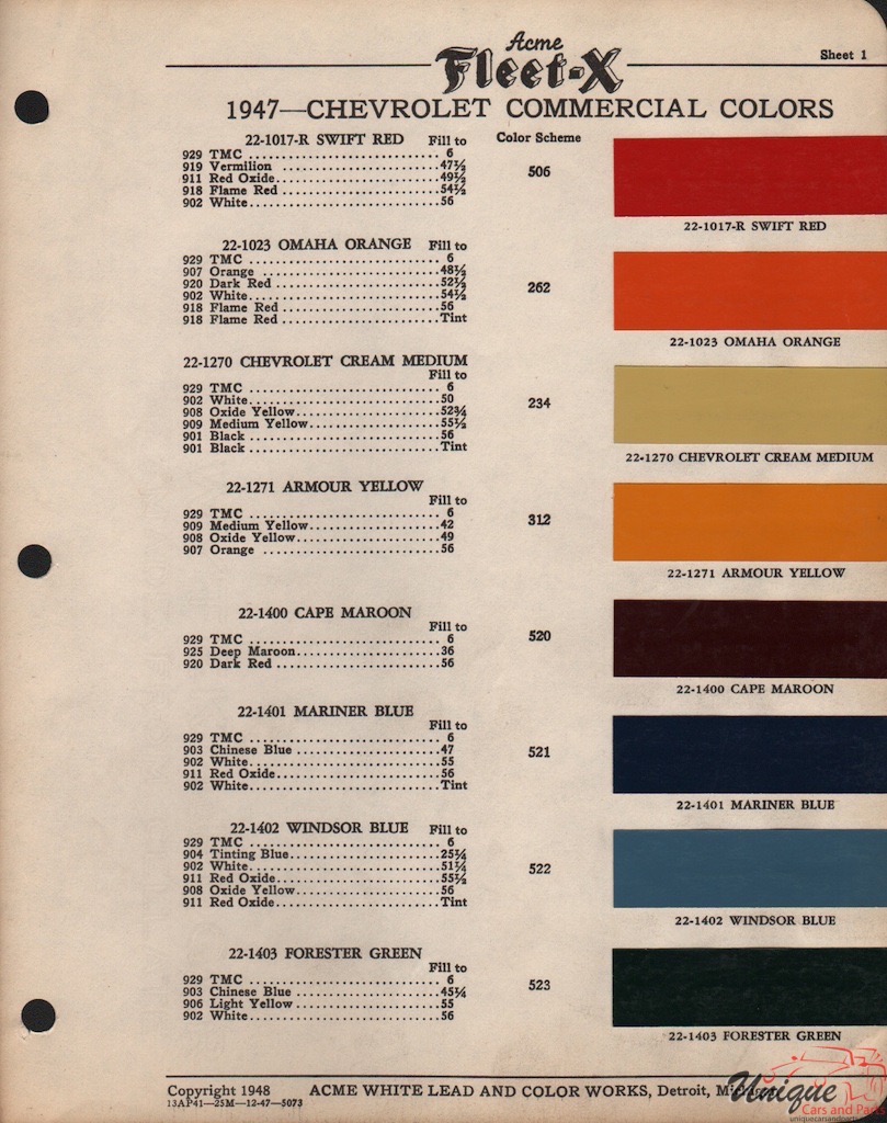 1947 General Motors Fleet Paint Charts Acme 1